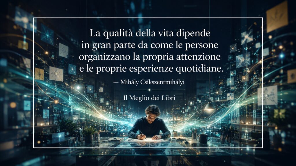 Ritratto simbolico ispirato a Mihály Csíkszentmihályi con una persona immersa in un’attività significativa e concentrata.