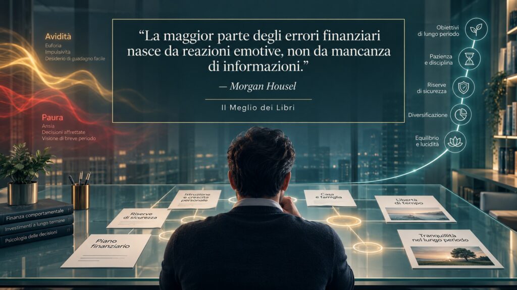 Ritratto simbolico ispirato a Morgan Housel con una persona che protegge il proprio piano finanziario dalle reazioni emotive.