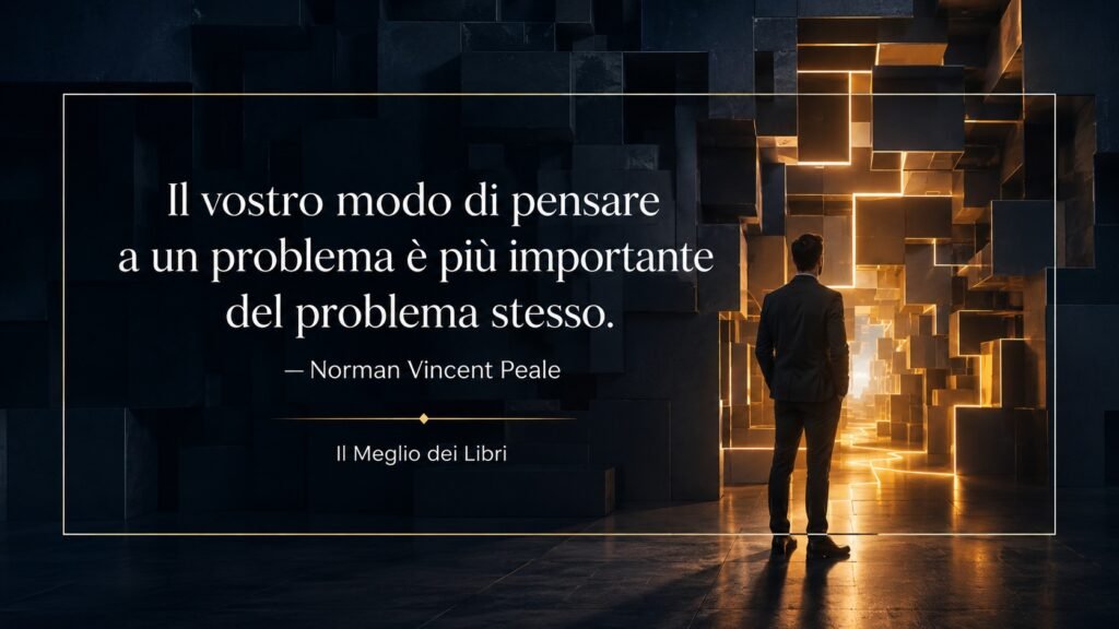 Ritratto simbolico di una persona che cambia prospettiva davanti a un problema, ispirato alla riflessione di Norman Vincent Peale.