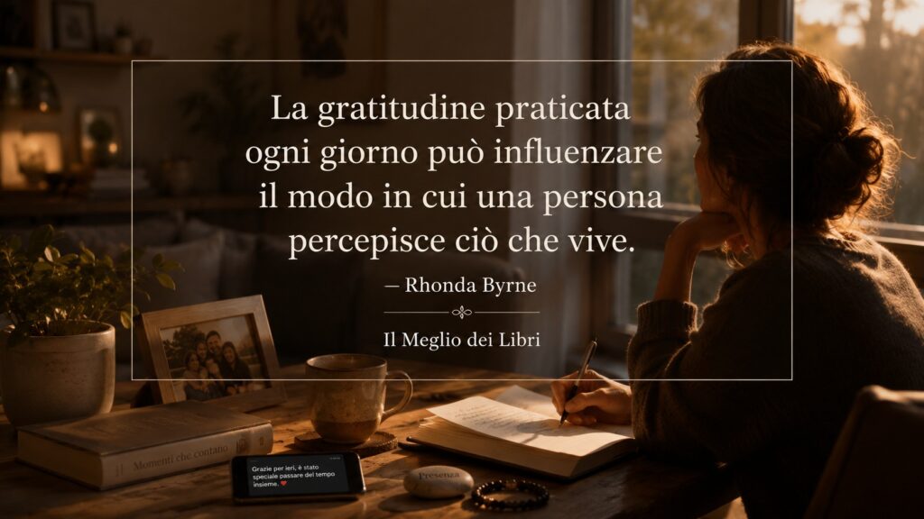 Ritratto simbolico ispirato a Rhonda Byrne con una persona che pratica la gratitudine osservando con maggiore consapevolezza le esperienze quotidiane.