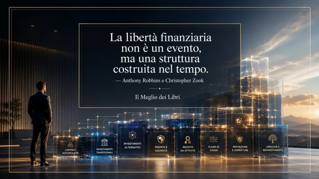 Ritratto simbolico della libertà finanziaria con una persona che costruisce nel tempo una struttura di investimenti diversificati.
