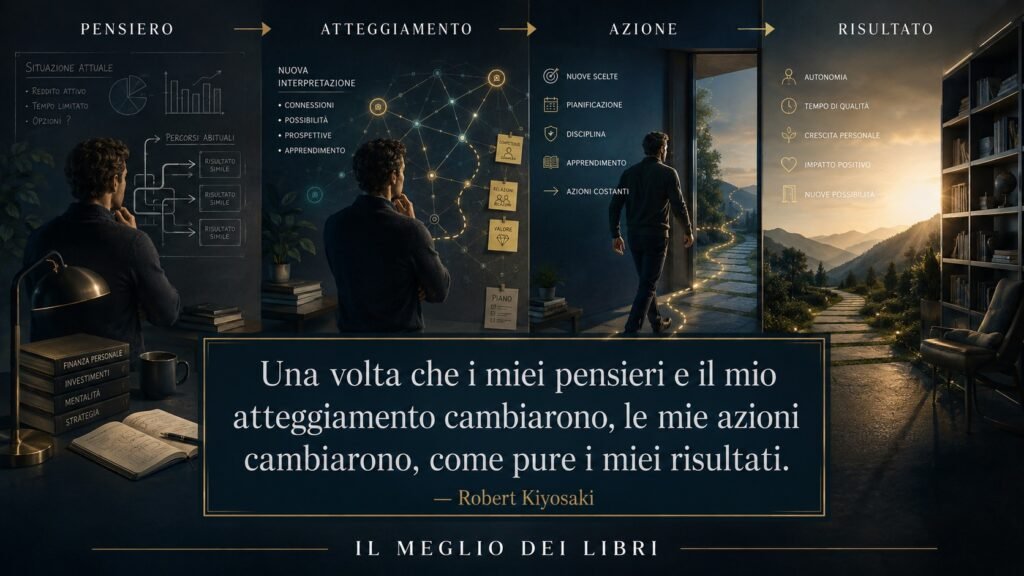 Ritratto simbolico ispirato a Robert Kiyosaki e al legame tra cambiamento della mentalità, nuove azioni e risultati differenti.