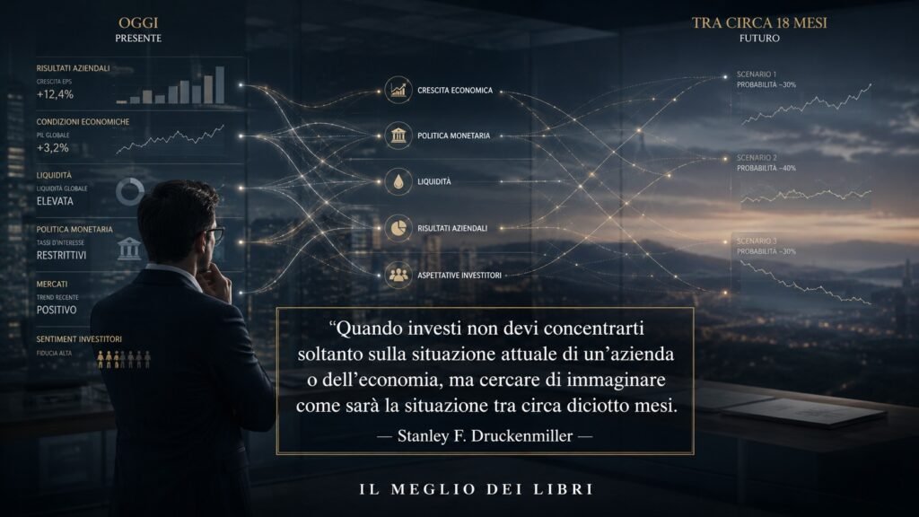 Ritratto simbolico ispirato a Stanley F. Druckenmiller mentre analizza il presente dei mercati cercando di anticiparne l’evoluzione futura.