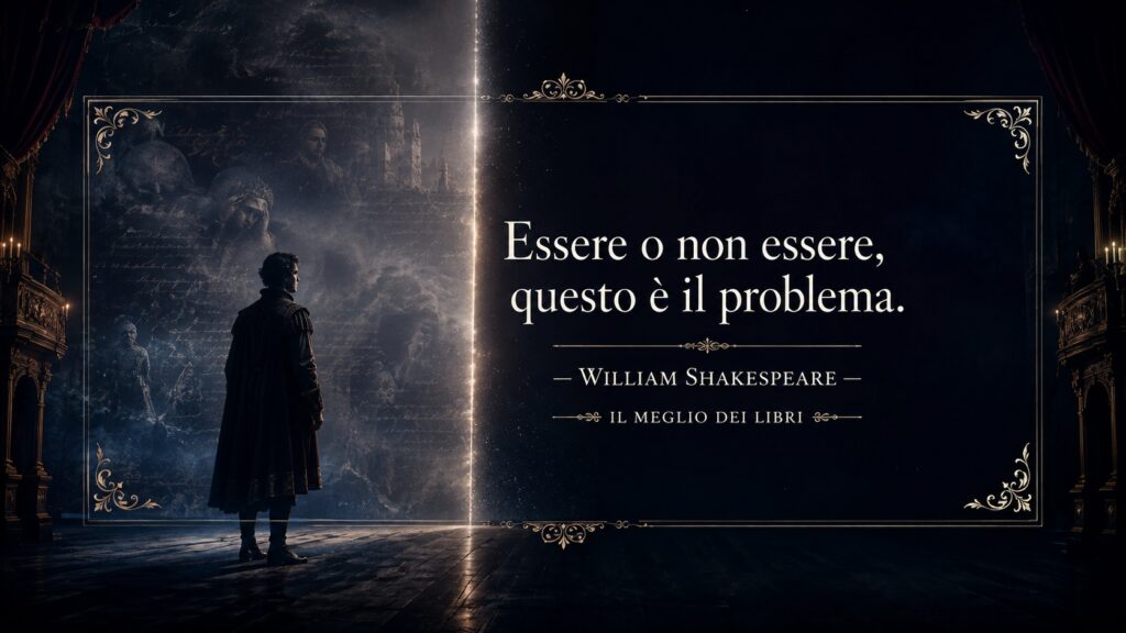 Ritratto simbolico di Amleto che riflette sul dubbio tra vivere e non essere nella tragedia di William Shakespeare.