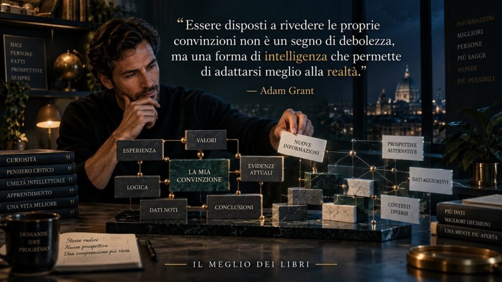 Ritratto simbolico ispirato ad Adam Grant sulla capacità di rivedere le proprie convinzioni quando emergono nuove informazioni.