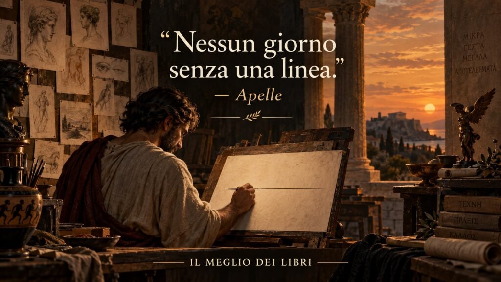 Ritratto simbolico ispirato ad Apelle mentre traccia una linea, simbolo della pratica quotidiana e della costanza nell’arte.