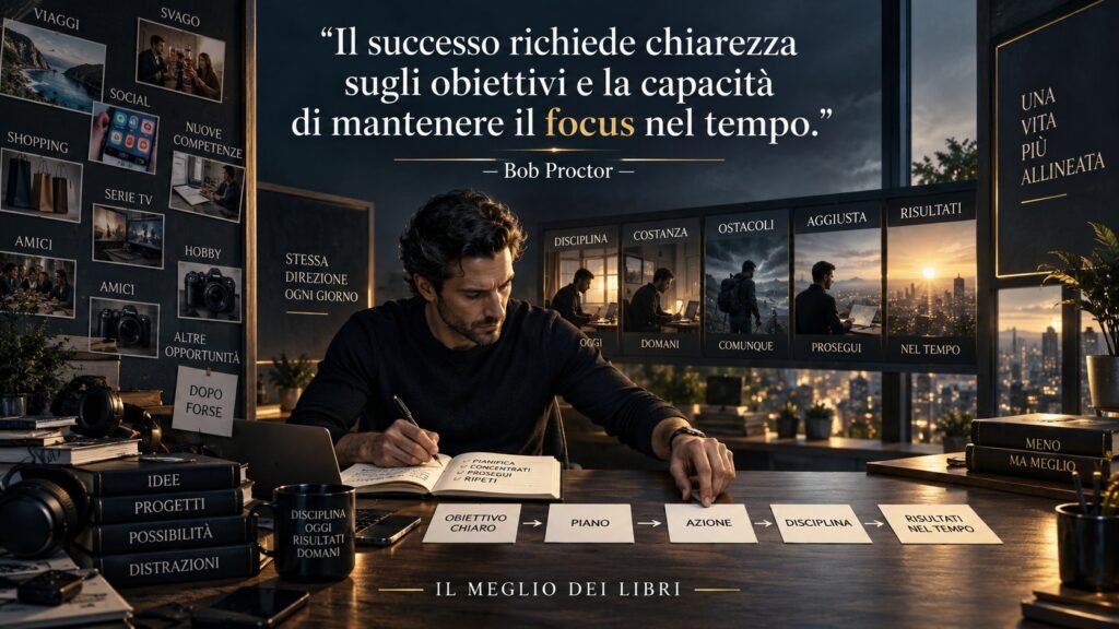 Ritratto simbolico ispirato a Bob Proctor sulla chiarezza degli obiettivi e sulla capacità di mantenere il focus nel tempo.