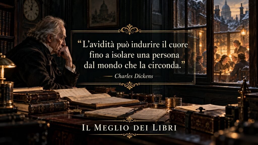 Ritratto simbolico ispirato a Canto di Natale di Charles Dickens, con Scrooge isolato dalla propria avidità mentre osserva il calore delle relazioni umane.