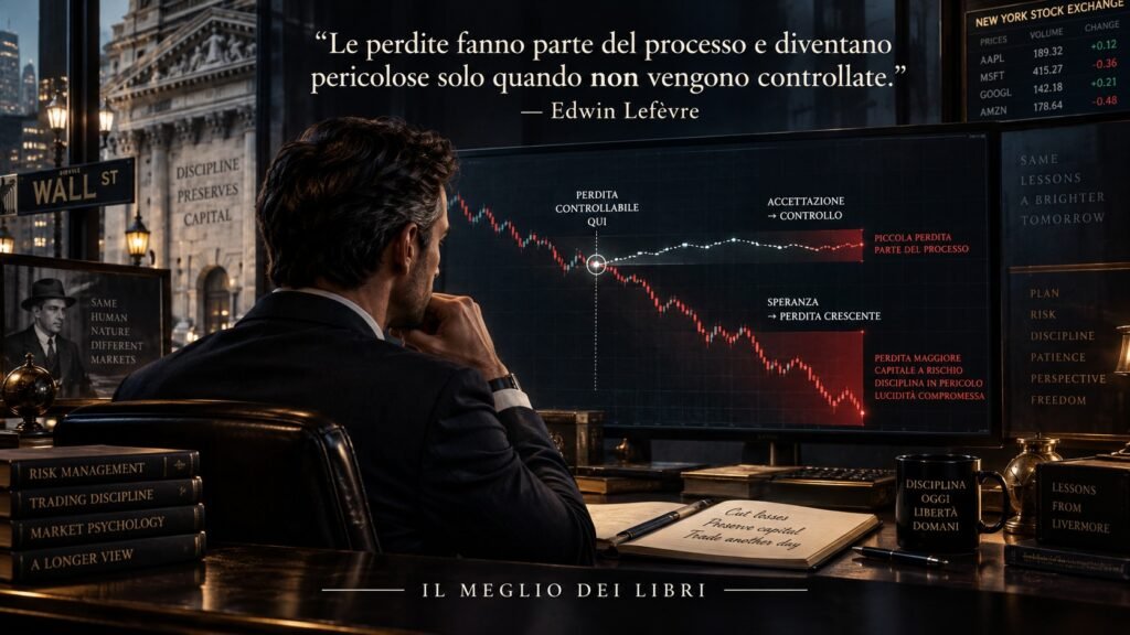 Ritratto simbolico ispirato a Edwin Lefèvre e alla necessità di controllare le perdite prima che diventino pericolose nel trading.
