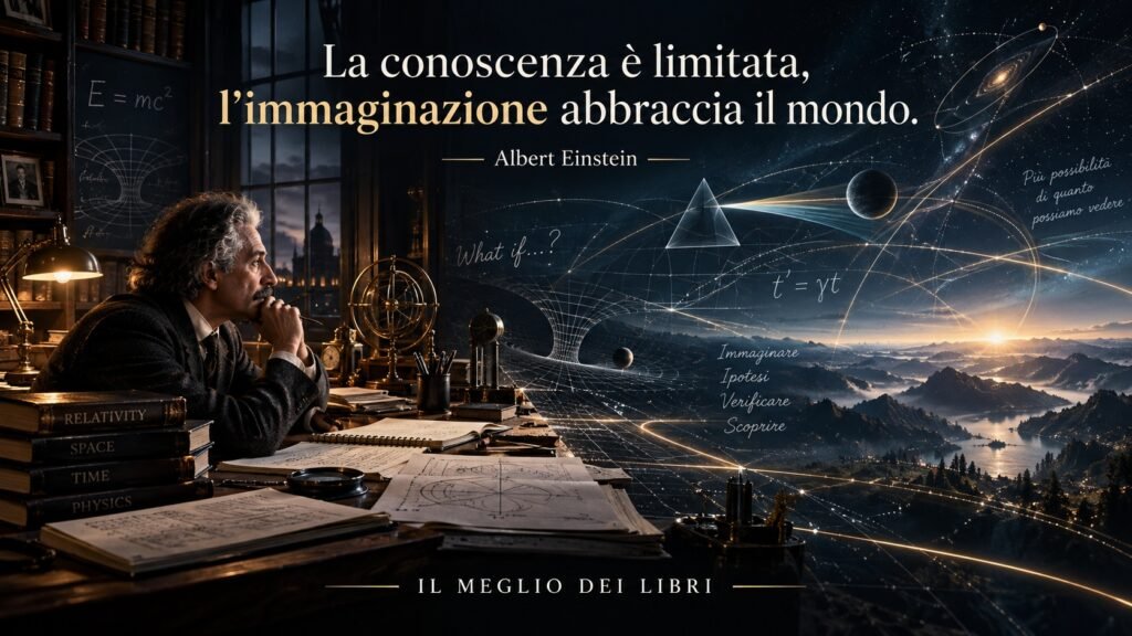 Ritratto simbolico ispirato ad Albert Einstein e alla sua riflessione sulla conoscenza limitata e sulla capacità dell’immaginazione di abbracciare il mondo.