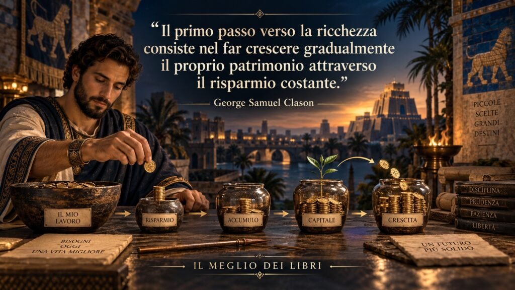 Ritratto simbolico ispirato a George Samuel Clason e al principio del risparmio costante per costruire gradualmente il proprio patrimonio.