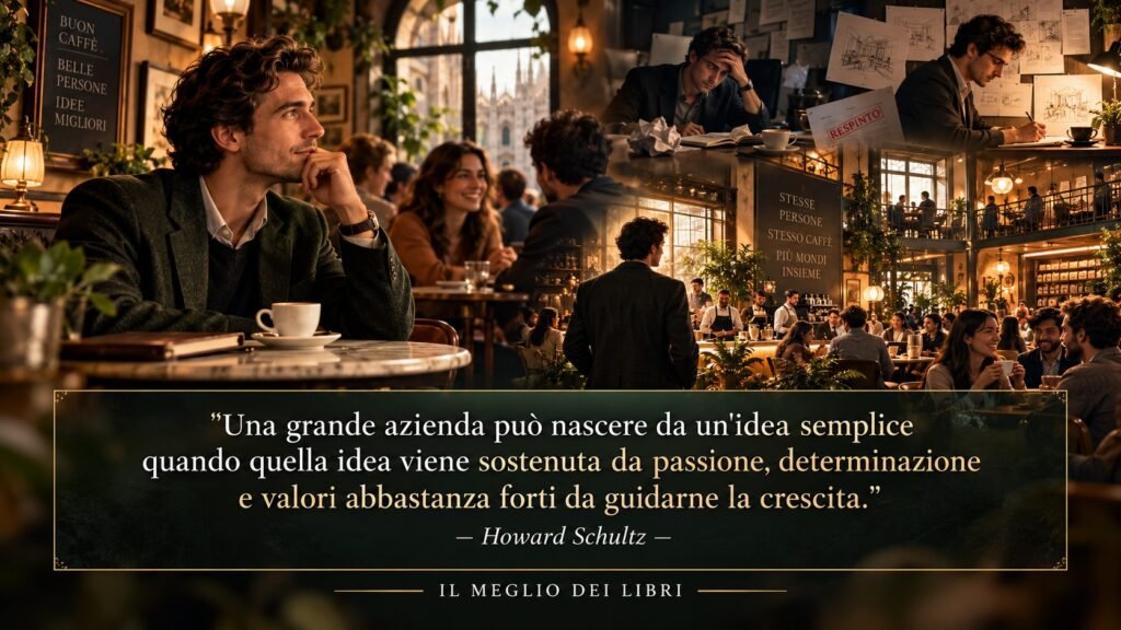 Ritratto simbolico ispirato a Howard Schultz sulla capacità di trasformare un’idea semplice in una grande azienda attraverso visione e determinazione.