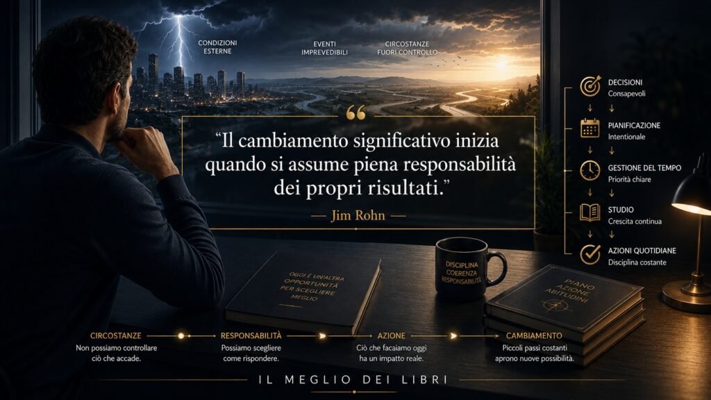 Ritratto simbolico ispirato a Jim Rohn e alla responsabilità personale come punto di partenza per cambiare azioni e risultati.