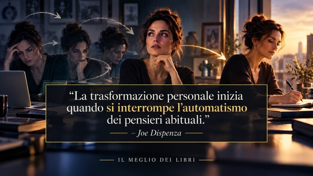 Ritratto simbolico ispirato a Joe Dispenza sulla consapevolezza dei pensieri abituali e sulla capacità di interrompere gli automatismi mentali.