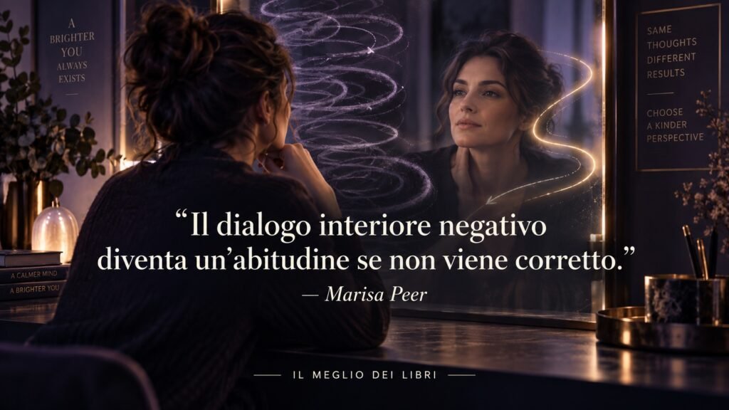 Ritratto simbolico ispirato a Marisa Peer e alla trasformazione del dialogo interiore negativo attraverso consapevolezza e nuove convinzioni.