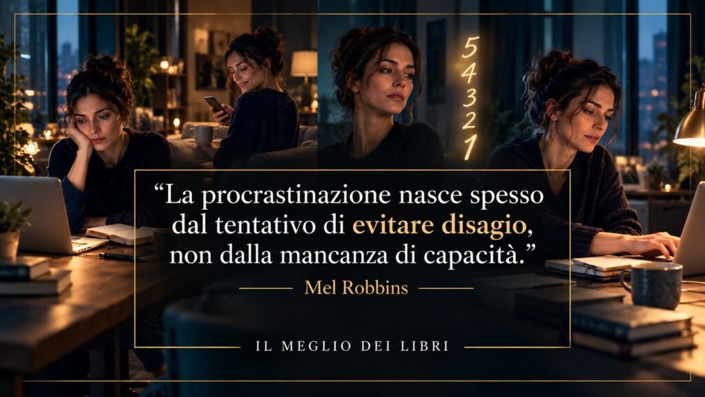 Ritratto simbolico ispirato a Mel Robbins sulla procrastinazione come tentativo di evitare il disagio legato all’inizio di un’azione.