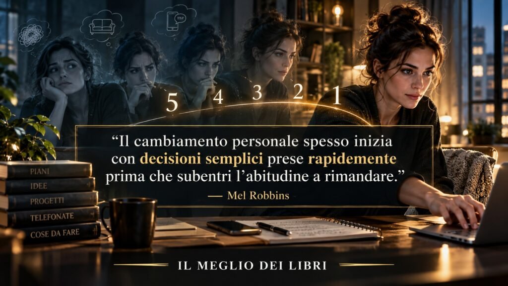 Ritratto simbolico ispirato a Mel Robbins e alla regola dei 5 secondi per superare l’esitazione e passare dall’intenzione all’azione.