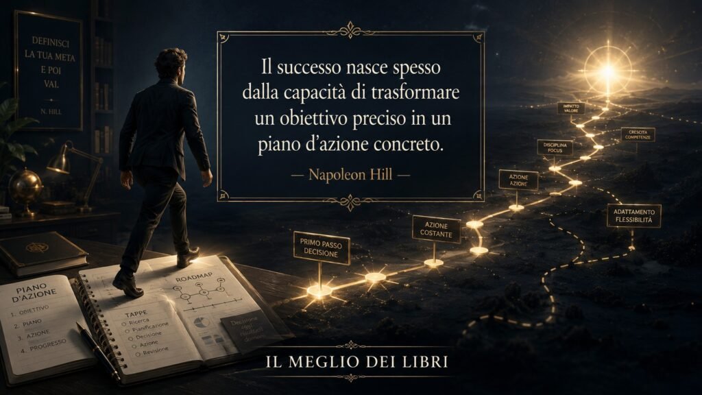 Ritratto simbolico ispirato a Napoleon Hill e alla trasformazione di un obiettivo preciso in un piano d’azione concreto.