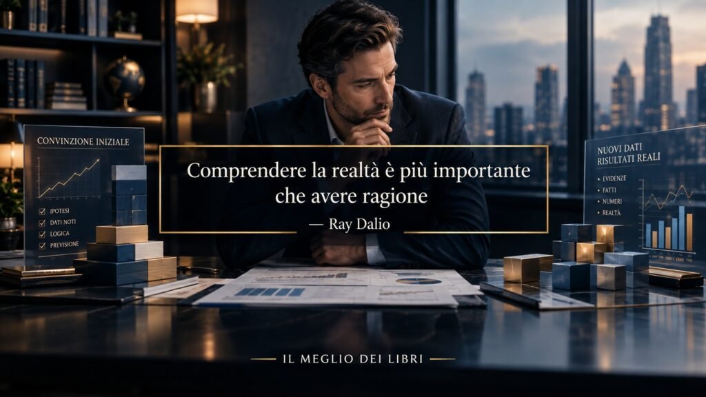 Ritratto simbolico ispirato a Ray Dalio sulla capacità di confrontare le proprie convinzioni con la realtà e cambiare idea davanti ai fatti.