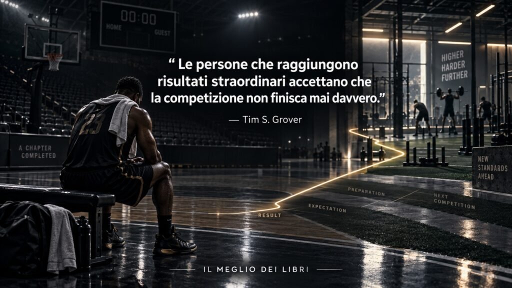 Ritratto simbolico ispirato a Tim S. Grover con un atleta che, dopo una competizione, si prepara già alla sfida successiva.