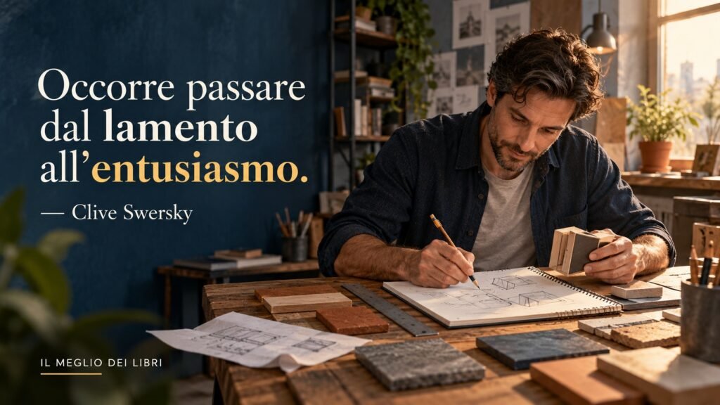 Una persona lavora con interesse a un progetto creativo, accanto alla frase di Clive Swersky sul passaggio dal lamento all’entusiasmo.