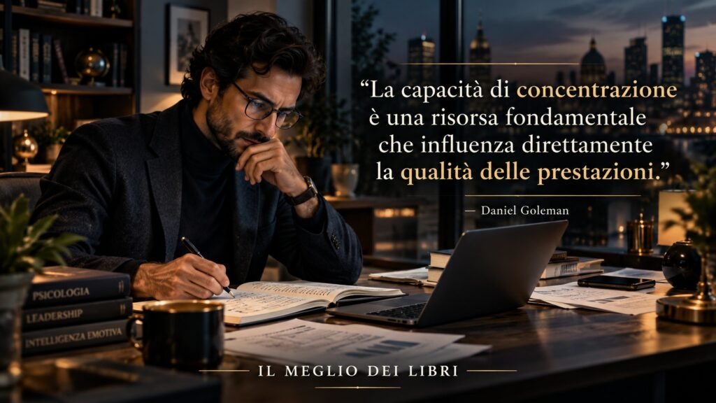 Ritratto simbolico ispirato a Daniel Goleman, con una persona concentrata su un'attività intellettuale che rappresenta attenzione e qualità delle prestazioni.