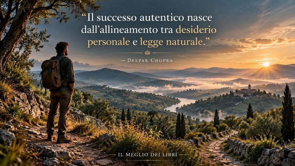 Ritratto simbolico ispirato a Deepak Chopra, con una persona immersa nella natura che rappresenta l'armonia tra desideri, valori e successo autentico.