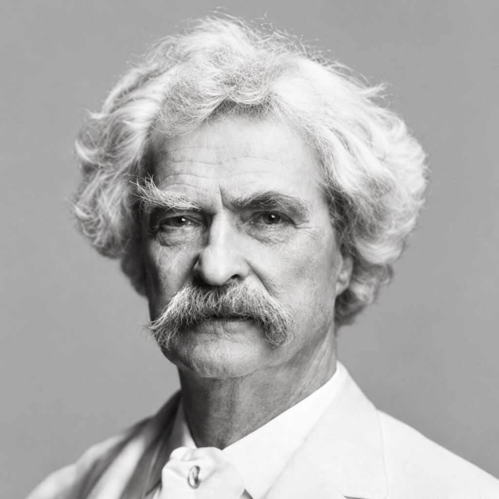Ritratto di Mark Twain, scrittore e umorista statunitense, noto per le sue frasi sulla vita, saggezza, libertà e natura umana – Il Meglio dei Libri