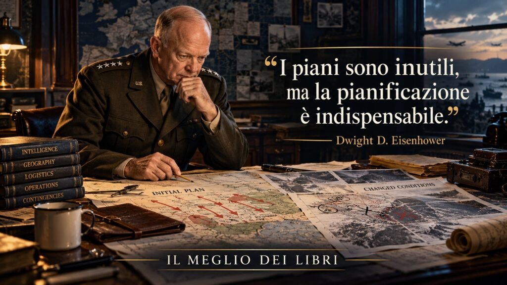 Ritratto simbolico di Dwight D. Eisenhower in una sala di pianificazione militare, ispirato alla sua riflessione sul valore della preparazione e dell'adattamento agli imprevisti.