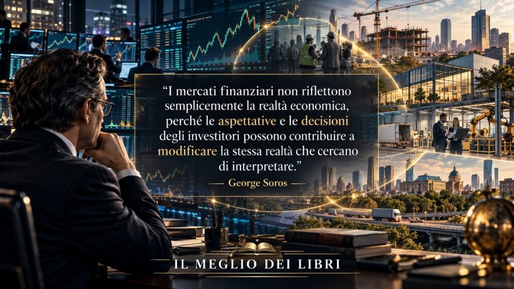 Ritratto simbolico ispirato a George Soros sulla riflessività e sull’interazione tra aspettative degli investitori, mercati e realtà economica.