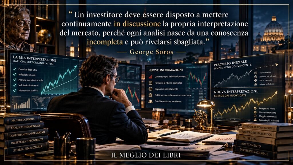 Ritratto simbolico ispirato a George Soros sulla capacità dell’investitore di mettere in discussione la propria analisi quando emergono nuove informazioni.