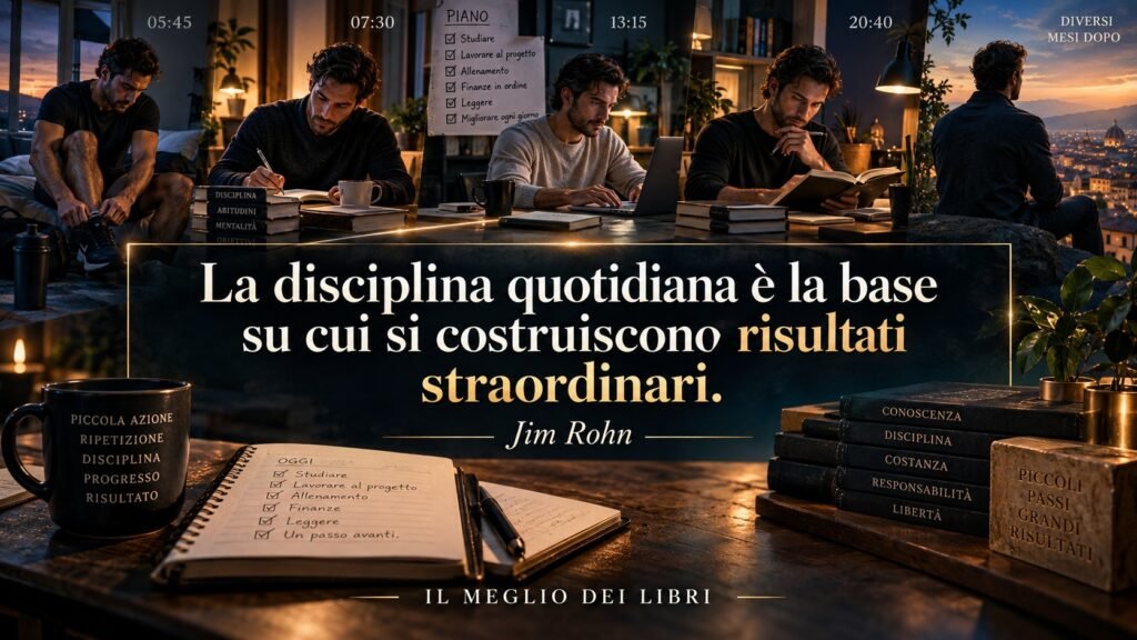 Ritratto simbolico ispirato a Jim Rohn sulla disciplina quotidiana e sui risultati costruiti attraverso piccole azioni ripetute nel tempo.