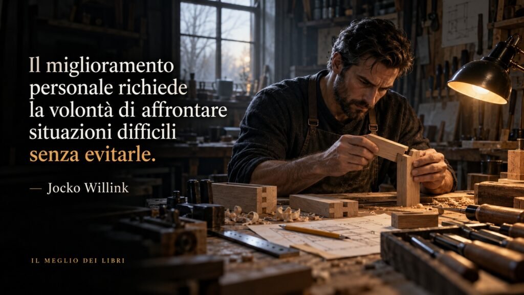 Una persona corregge un incastro di legno in un laboratorio, con una riflessione sul miglioramento personale ispirata a Jocko Willink.