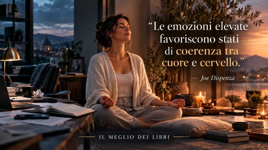 Ritratto simbolico ispirato a Joe Dispenza, con una persona in meditazione che rappresenta emozioni positive, calma e rapporto tra cuore e cervello.