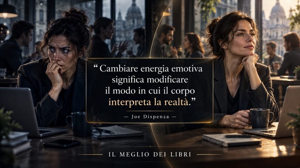 Ritratto simbolico ispirato a Joe Dispenza sul rapporto tra stato emotivo, reazioni del corpo e modo di interpretare la realtà.