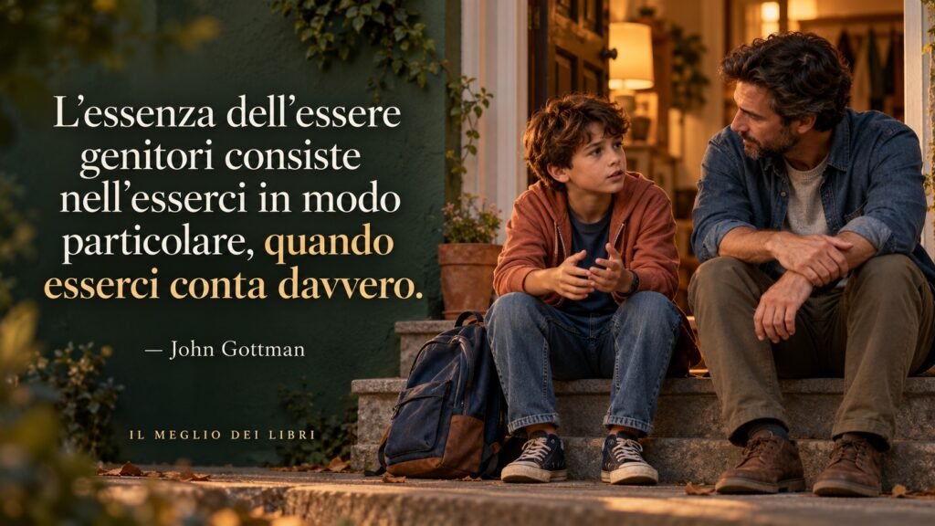Un genitore ascolta il figlio sui gradini di casa, accanto alla frase di John Gottman sulla presenza emotiva nell’essere genitori.