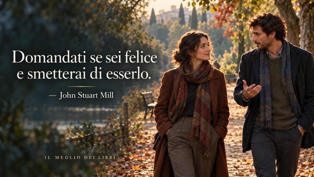 Due persone conversano camminando in un parco, accanto alla frase di John Stuart Mill sul domandarsi se si è felici.