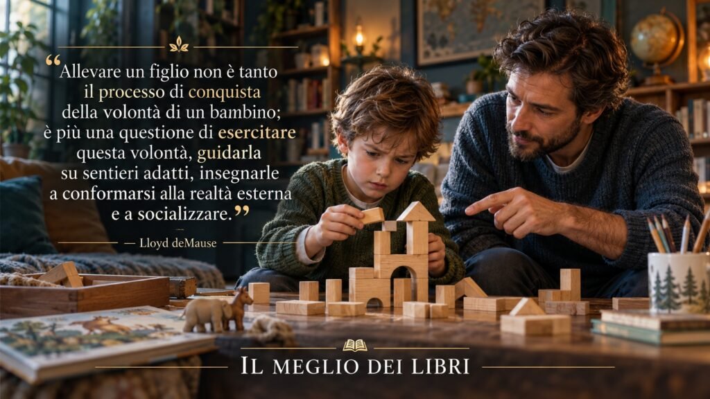 Ritratto simbolico ispirato a Lloyd deMause, con un genitore che guida un bambino rispettandone la volontà e favorendone autonomia e responsabilità.