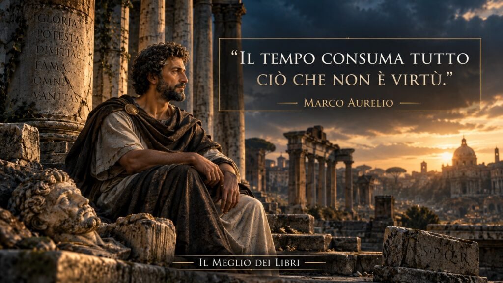 Ritratto simbolico di Marco Aurelio in un ambiente romano antico, ispirato alla riflessione sul tempo che consuma la fama e sul valore morale della virtù.