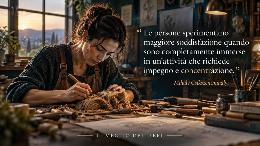 Ritratto simbolico ispirato a Mihály Csíkszentmihályi, con una persona immersa in un'attività impegnativa che rappresenta concentrazione profonda, flow e soddisfazione.