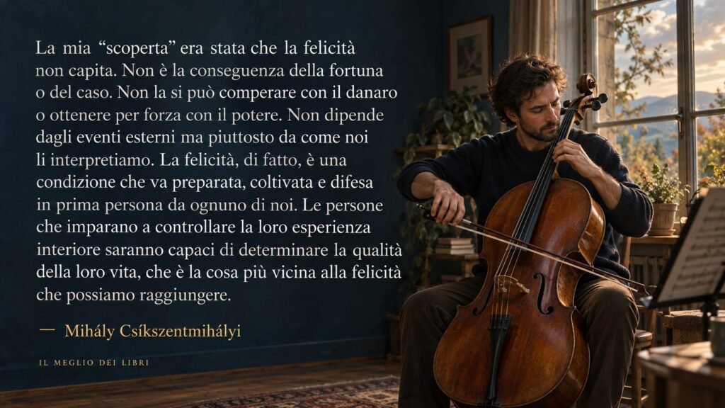 Una persona suona il violoncello con concentrazione, accanto alla riflessione di Mihály Csíkszentmihályi sulla felicità e sull’esperienza interiore.