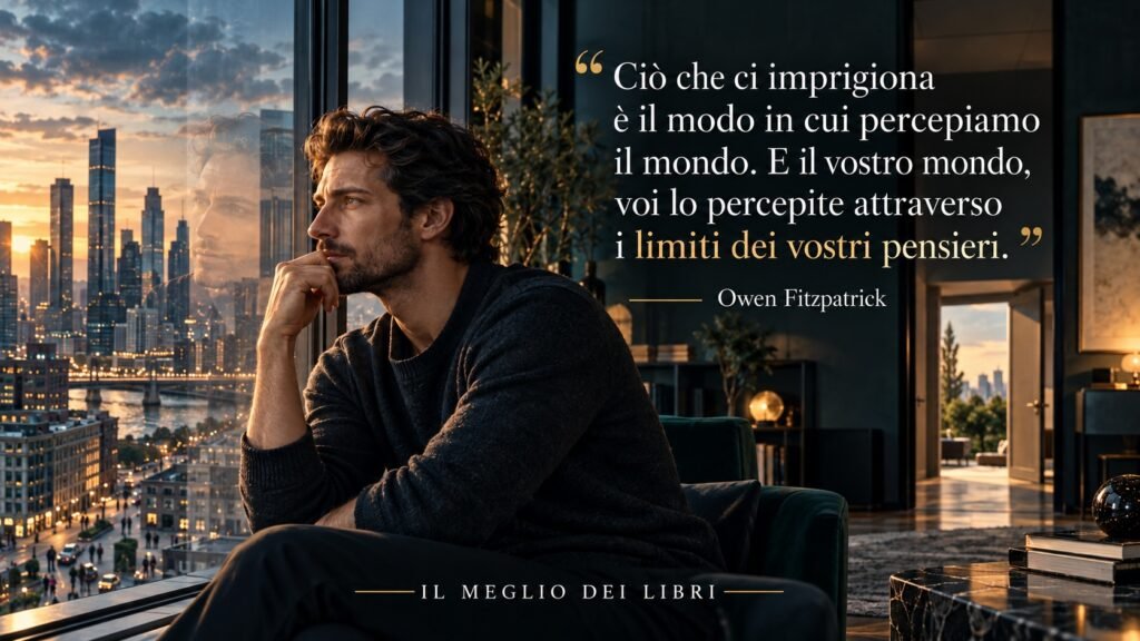 Ritratto simbolico ispirato a Owen Fitzpatrick, con una persona davanti a una finestra che rappresenta i limiti dei pensieri e della percezione della realtà.