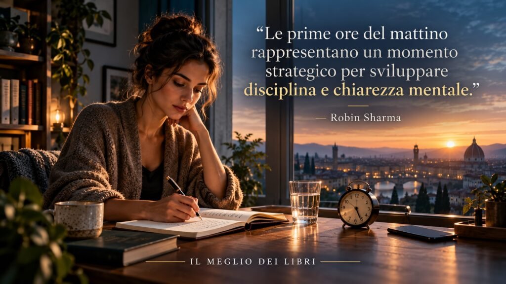 Ritratto simbolico ispirato a Robin Sharma, con una persona che pianifica la giornata all'alba per sviluppare disciplina e chiarezza mentale.