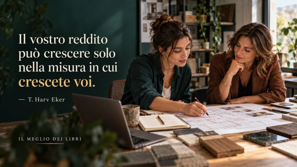 Due persone si confrontano su un progetto, accanto alla frase di T. Harv Eker sul rapporto tra crescita del reddito e crescita personale.