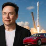Montaggio simbolico di Elon Musk con Tesla e SpaceX, emblema della sua eredità.