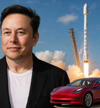 Montaggio simbolico di Elon Musk con Tesla e SpaceX, emblema della sua eredità.