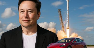 Montaggio simbolico di Elon Musk con Tesla e SpaceX, emblema della sua eredità.