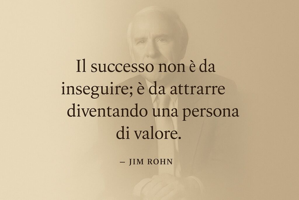 Citazione di Jim Rohn su sfondo elegante: il successo si attrae diventando persone di valore