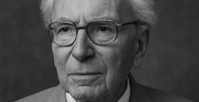 Ritratto in bianco e nero di Viktor Frankl, psichiatra e neurologo austriaco, sopravvissuto all’Olocausto e autore de L’uomo in cerca di senso, celebre per le sue frasi sul significato della vita, la resilienza e la libertà interiore – Il Meglio dei Libri