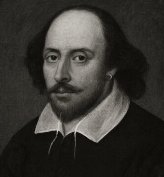 Ritratto in bianco e nero di William Shakespeare, autore e drammaturgo inglese, raffigurato a mezzo busto con sguardo intenso e abiti elisabettiani, simbolo della creatività letteraria e dell’arte poetica – Il Meglio dei Libri